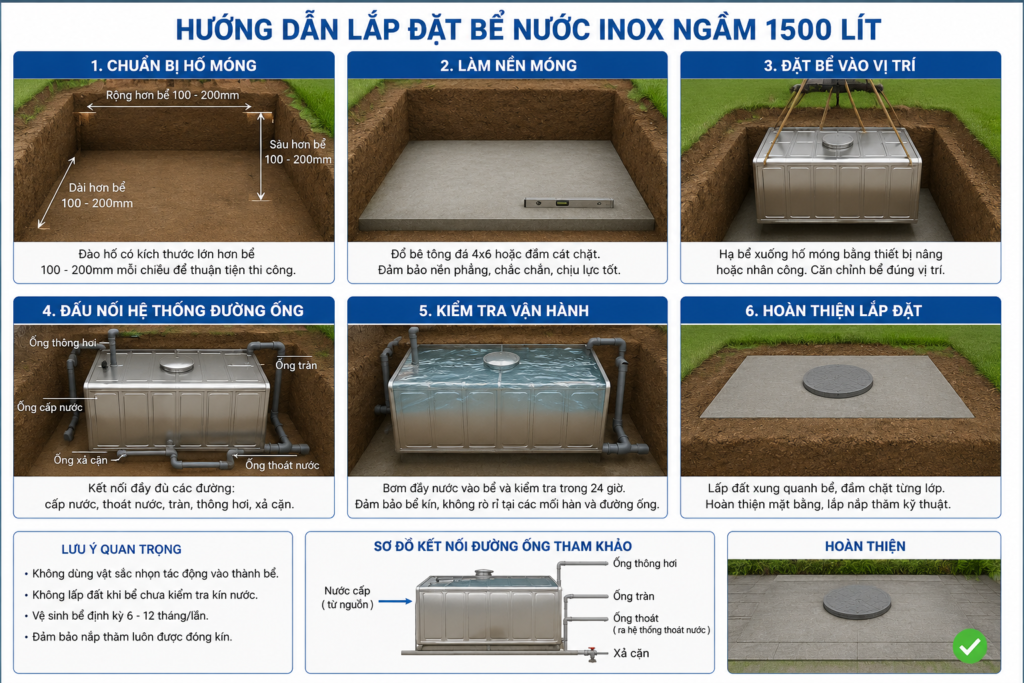 Bể nước inox ngầm 1,5 mét khối - Bách Hóa Môi Trường 6 huong dan lap dat be nuoc inox ngam