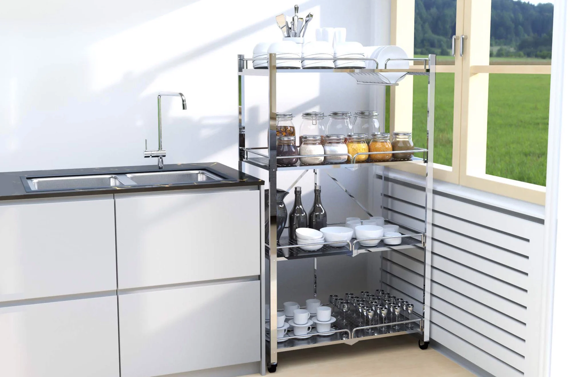 Kệ inox được sử dụng ở nhiều khu vực như nhà bếp, phòng tắm
